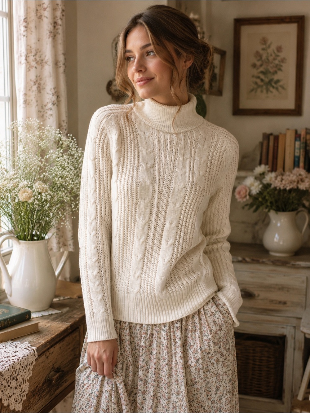 Banana Republic‎ Cream Cable Knit Mock Neck Sweater XS Cozy Minimalist Winter